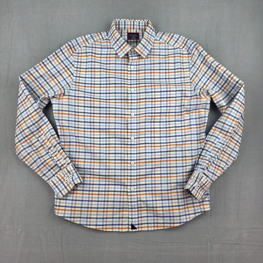 UNTUCKit Button Down Shirt Mens Large Blue Bronner WF Wrinkle Free Plaid 40870